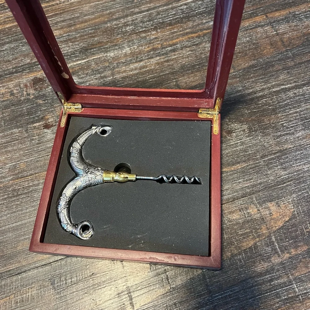 Vintage Bullhead Silver and Gold Corkscrew in Wooden Display